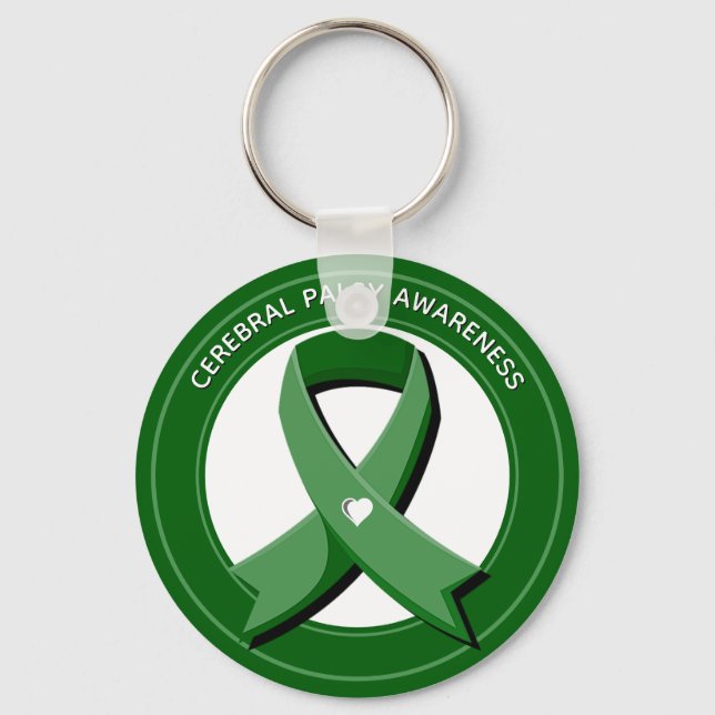 Green Awareness Ribbon White Heart Keychain (Front)