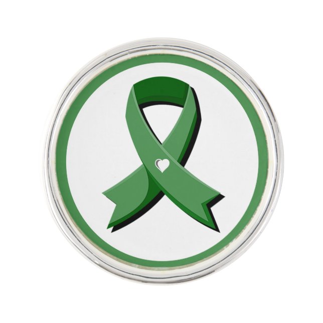 Green Awareness Ribbon White Heart Lapel Pin (Front)