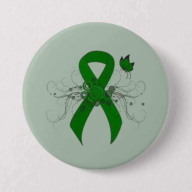 Green Awareness Ribbon with Butterfly Pinback Button (Front)