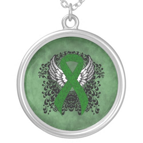 Green Awareness Ribbon with Wings Silver Plated Necklace