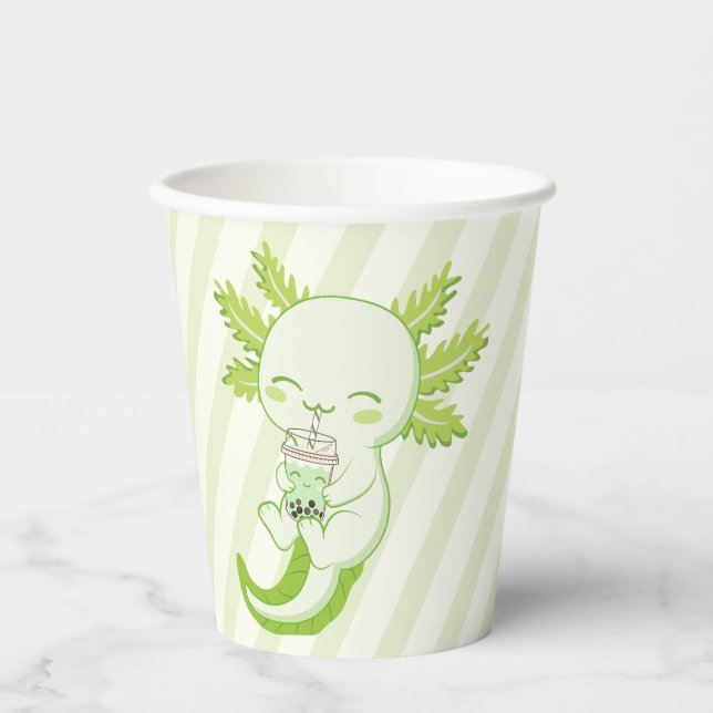 Green Axolotl Boba Tea Kids Birthday Party Paper Cups (Front)