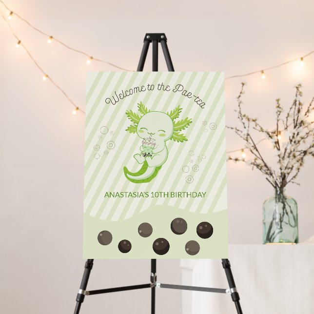 Green Axolotl Bubble Boba Tea Birthday Welcome Foam Board (In Situ (Stand))