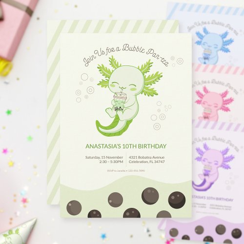 Green Axolotl Bubble Boba Tea Kids Birthday Invitation