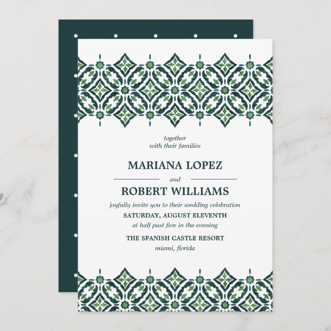 Green Azulejo | Spanish Tile Border lace Wedding Invitation (Front/Back)