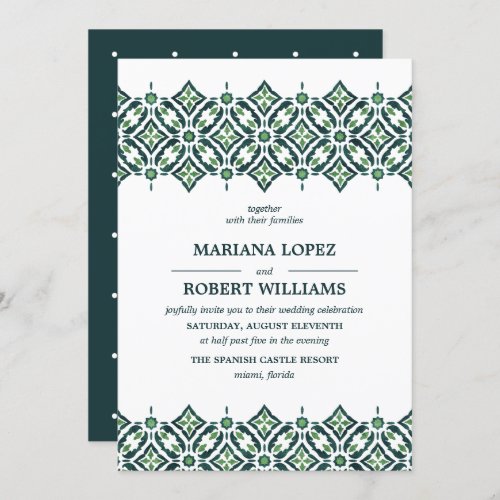 Green Azulejo  Spanish Tile Border lace Wedding Invitation