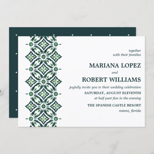 Green Azulejo  Spanish Tile Border Wedding Invitation