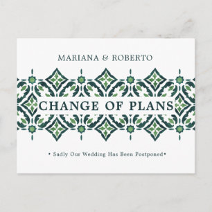 Green Azulejo Spanish Tile LACE CHANGE OF PLANS Announcement Postcard