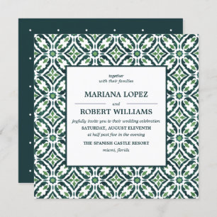 Green Azulejo Spanish Tile Pattern Wedding Invitation