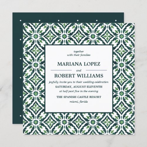 Green Azulejo  Spanish Tile Pattern Wedding Invitation