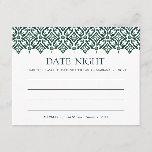 Green Azulejo Spanish Tile Shower Date Night Advice Card (Front)