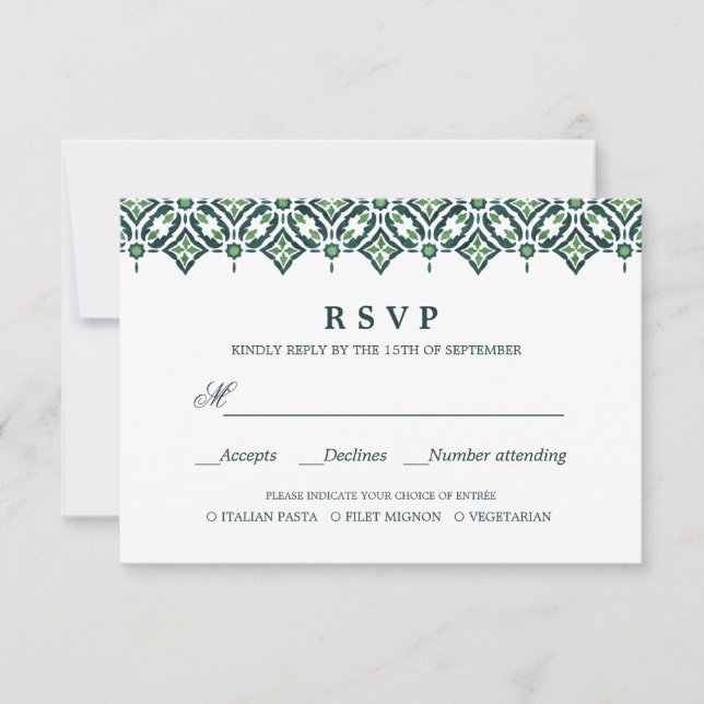 Green Azulejo | Spanish  WEDDING RSVP MEAL CHOICE (Front)