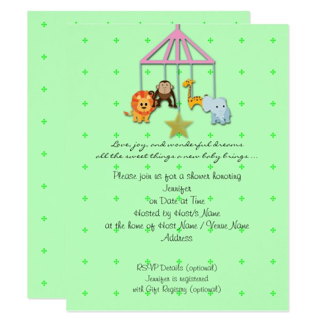 Green Baby Animal Mobile Baby Shower Invitation