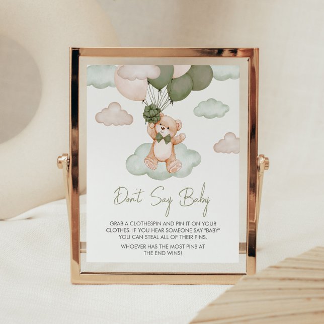 Green Baby Bear Balloon Baby Shower Don't Say Baby Poster (Green Bear Balloon Bearly Wait Baby Shower Don't Say Baby Sign)