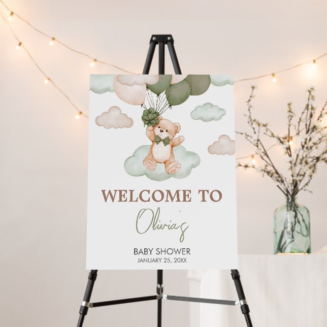 Green Baby Bear Balloon Baby Shower Welcome Sign (In Situ (Stand))