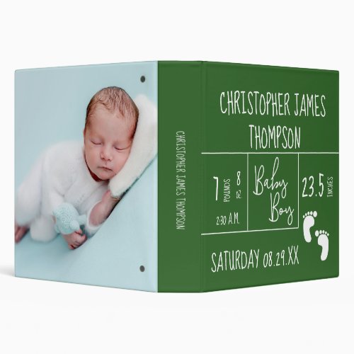 Green Baby Boy Birth Information detail and Photo 3 Ring Binder