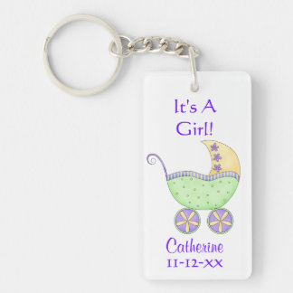 Green Baby Buggy Carriage Name Birth Date Keychain