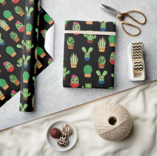 Green Baby Cactus on Black Background Wrapping Paper