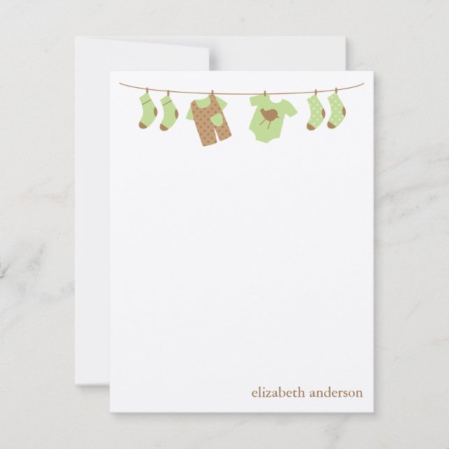 Green Baby Clothesline Flat Thank You Notes (Front)
