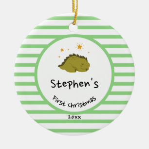 Green Baby Dino First Christmas Green Stripe Ceramic Ornament