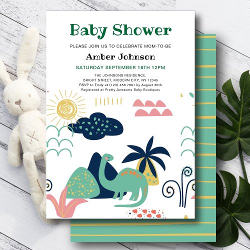 Green Baby Dinosaur Minimalist Cute Baby Shower Invitation