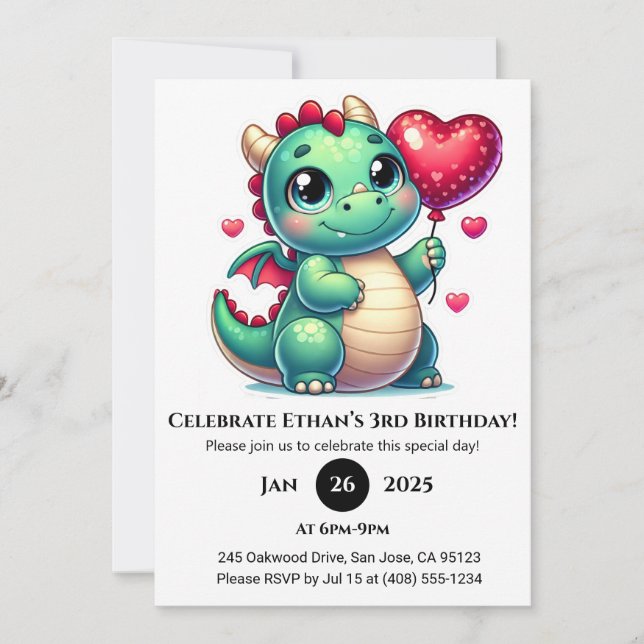 Green Baby Dragon with Heart Balloon Birthday Invitation (Front)