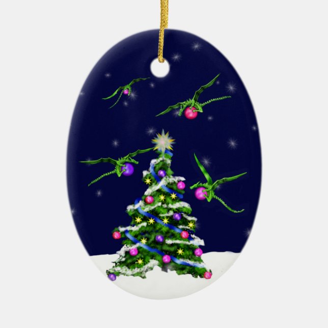 Green Baby Dragons Encircle a Christmas Tree Ceramic Ornament (Front)