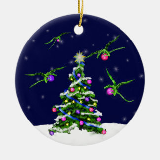 Green Baby Dragons Encircle a Christmas Tree Ceramic Ornament