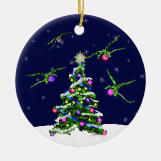 Green Baby Dragons Encircle a Christmas Tree Ceramic Ornament (Front)