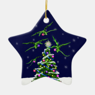 Green Baby Dragons Encircle a Christmas Tree Ceramic Ornament