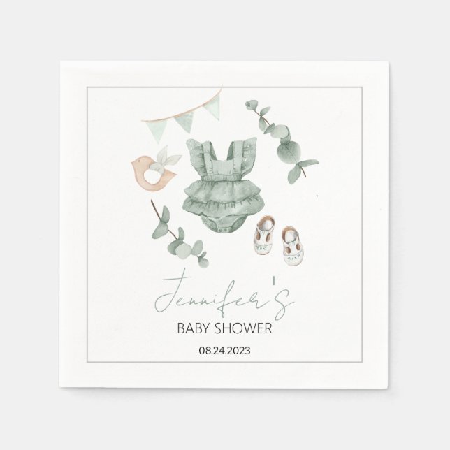 Green baby girl clothes baby shower paper napkins (Front)