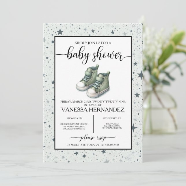Green Baby High Tops Baby Shower Invitation (Standing Front)