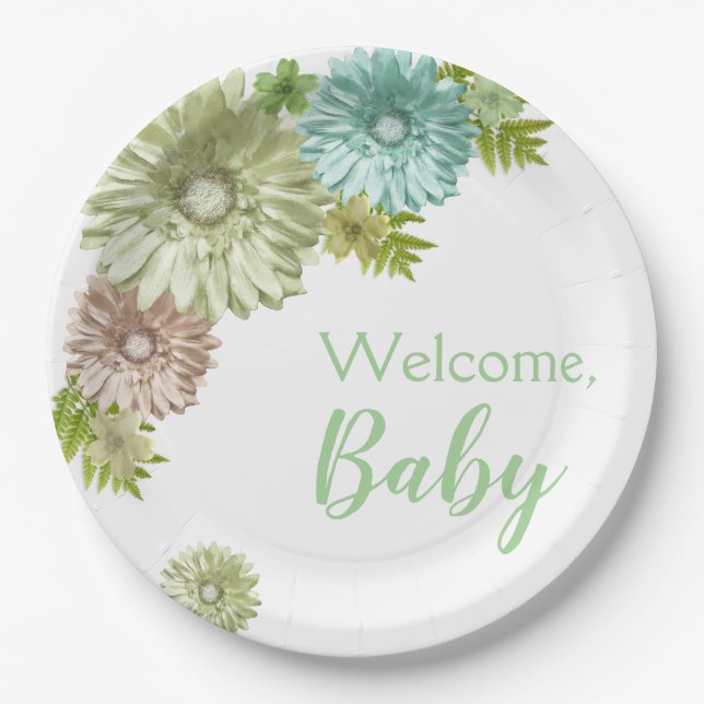 Green Baby In Bloom Brunch Shower  Paper Plates (Front)