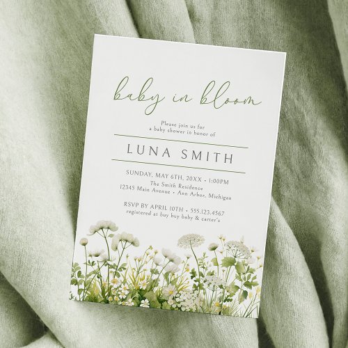 Green Baby In Bloom Floral Wildflower Baby Shower Invitation