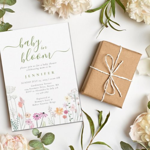 Green Baby In Bloom Watercolor Wildflower Shower Invitation