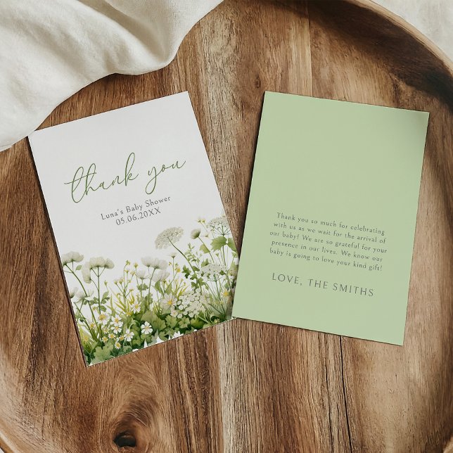 Green Baby In Bloom Wildflower Baby Shower Flat Thank You Card (Creator Uploaded)