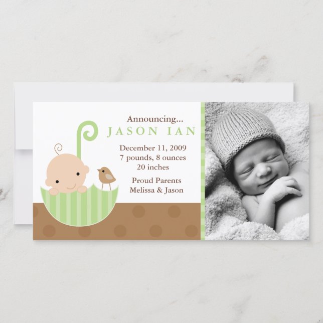 Green Baby in Umbrella Birth Announcements (Front)