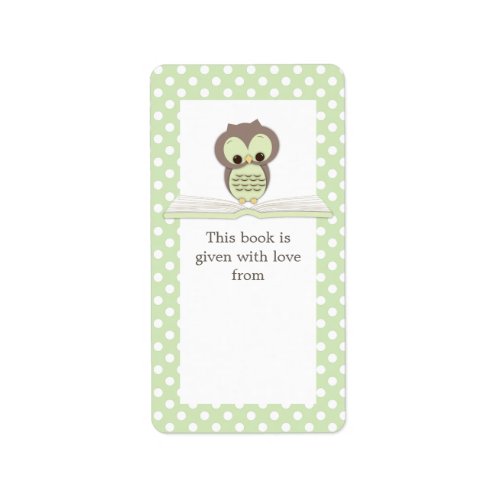 Green Baby Owl on Book Gift Bookplate Label