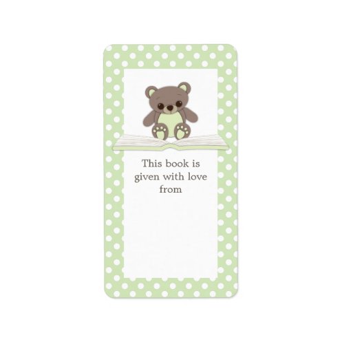 Green Baby Teddy Bear on Book Gift Bookplate Label