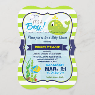 Green Baby Whale, Boy Baby Shower Invitation