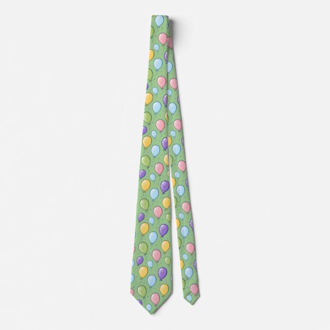 Green Background Balloon Pattern Men’s Necktie (Front)