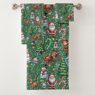 Green Background Christmas Decorative Pattern Bath Towel Set