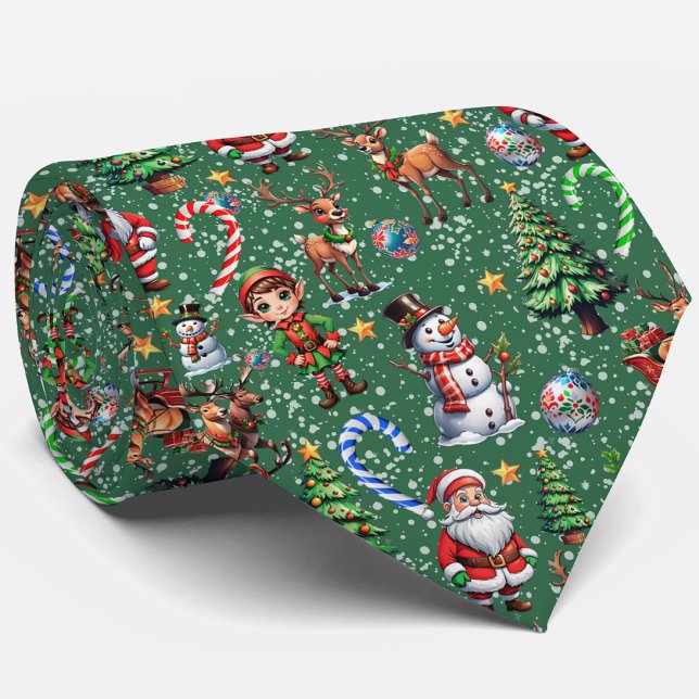 Green Background Christmas Decorative Pattern Neck Tie (Creator Uploaded)
