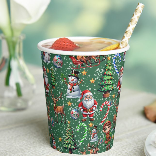 Green Background Christmas Decorative Pattern Paper Cups (Creator Uploaded)