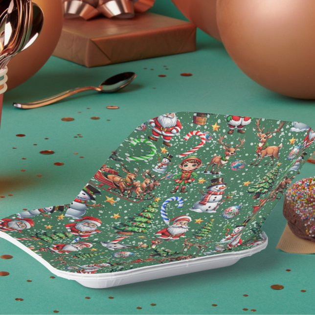 Green Background Christmas Decorative Pattern Paper Plates (Creator Uploaded)