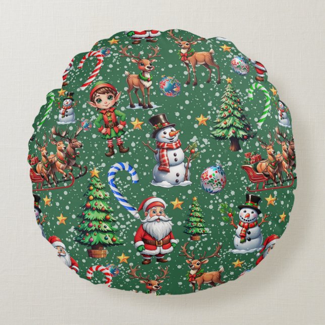 Green Background Christmas Decorative Pattern Round Pillow (Front)
