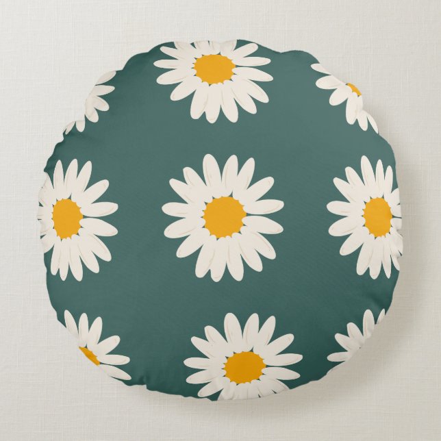 Green background floral daisy pattern round pillow (Front)