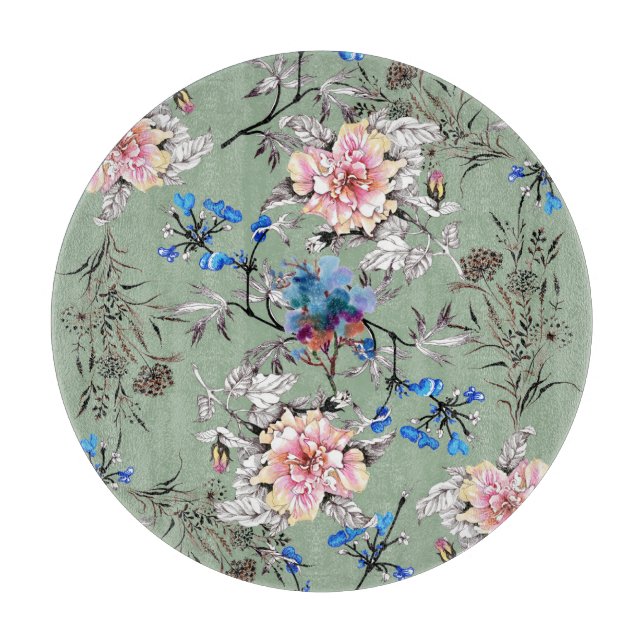 Green Background Floral Watercolor Pattern. Cutting Board (Front)