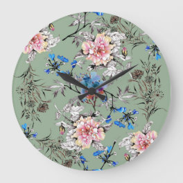 Green Background Floral Watercolor Pattern. Large Clock