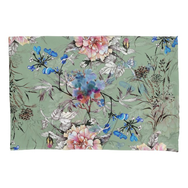 Green Background Floral Watercolor Pattern. Pillow Case (Front)