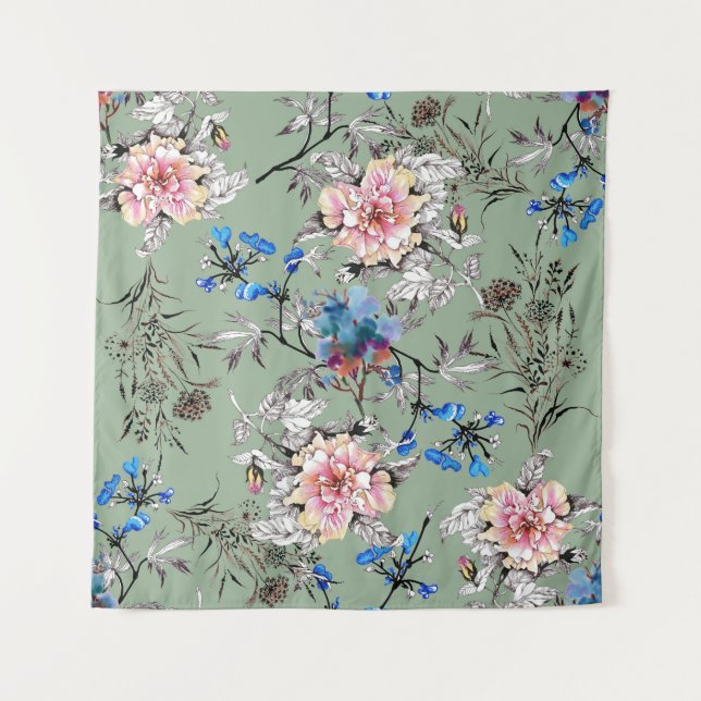 Green Background Floral Watercolor Pattern. Tapestry (Front)